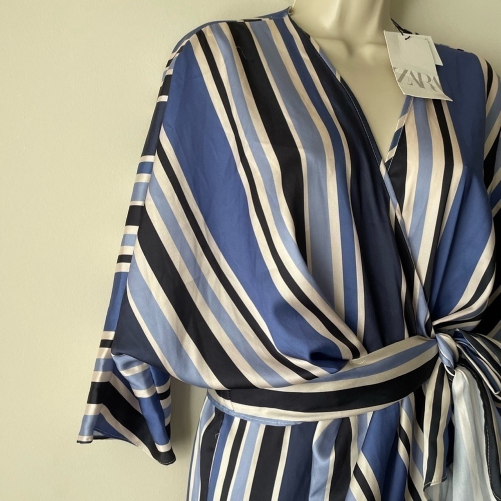 Zara Blue White Striped Wrap Lined Romper Size Small - Picture 10 of 16